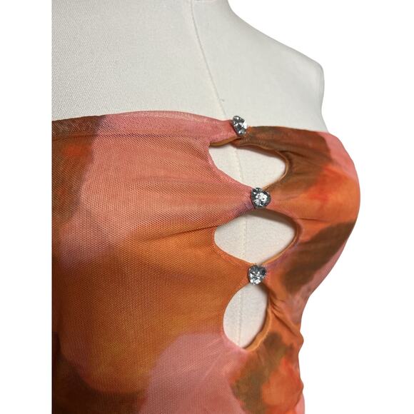 Strapless Chiffon Mini Dress Size Medium Cut Out Rhinestones Club Bodycon - Picture 4 of 10